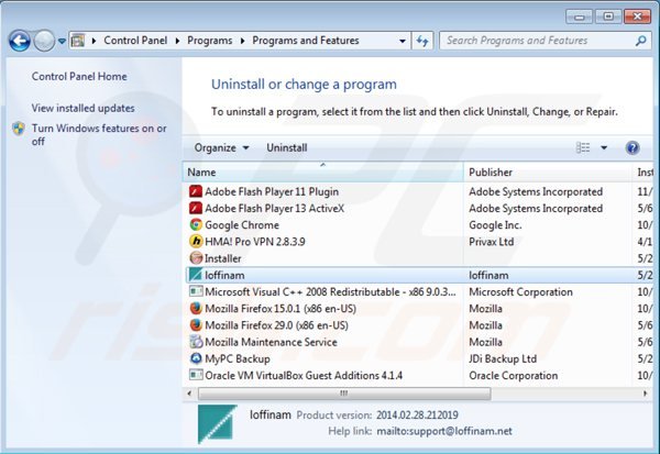 loffinam adware uninstall via Control Panel