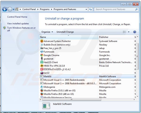 markkit adware uninstall via Control Panel