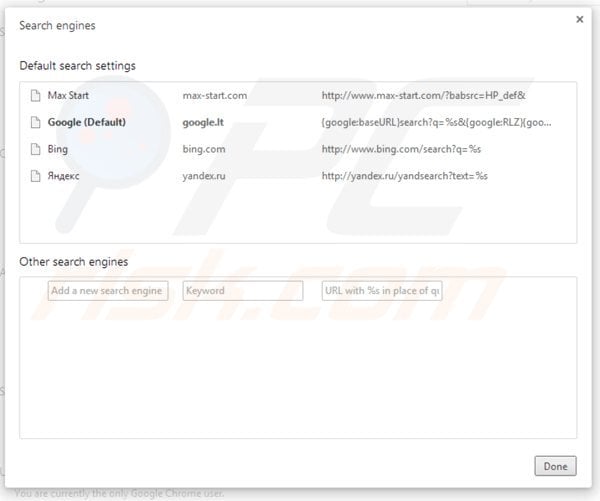 Removing max-start.com from Google Chrome default search engine