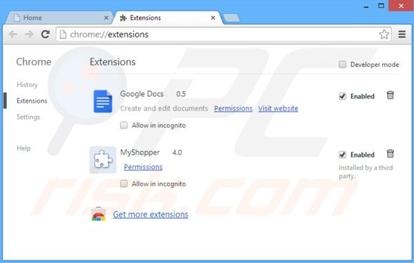 Removing myshopper from Google Chrome step 2