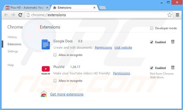 Removing plusvid from Google Chrome step 2