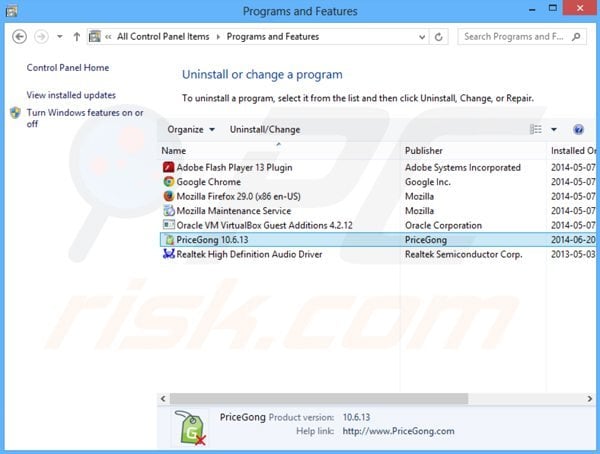 pricegong adware uninstall via Control Panel