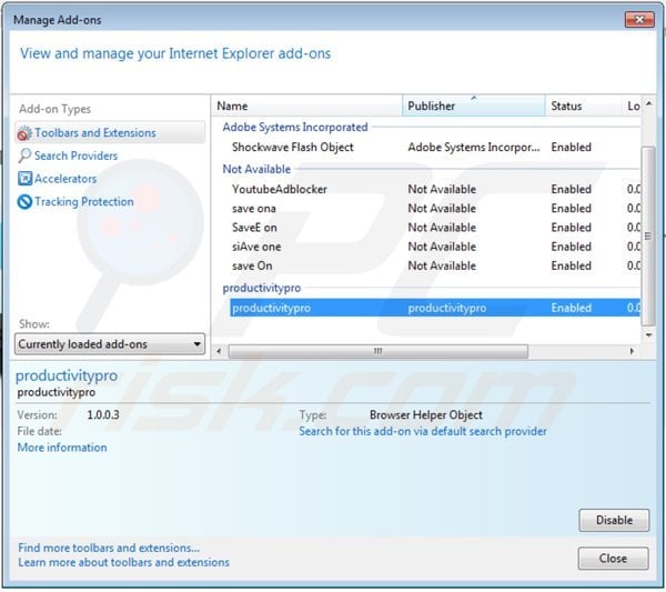 Removing productivitypro ads from Internet Explorer step 2