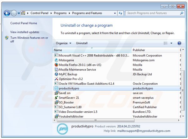 productivitypro adware uninstall via Control Panel