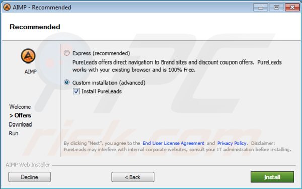 Free software installer used in pureleads adware distribution