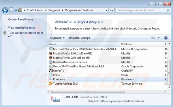 pureleads uninstall via Control Panel