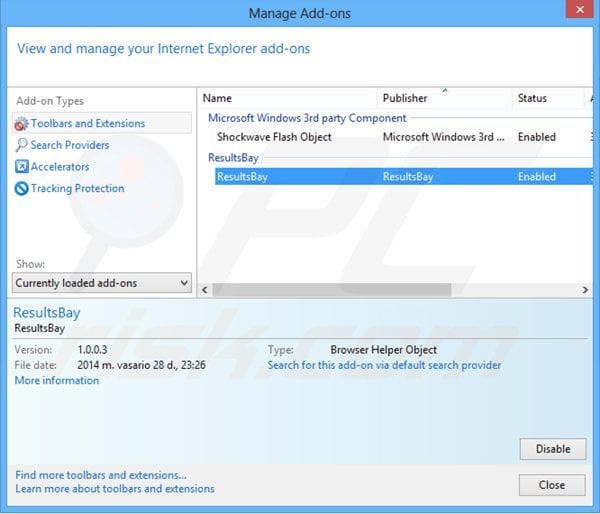 Removing resultsbay ads from Internet Explorer step 2