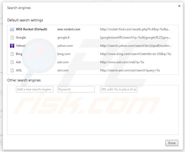Removing rocket-find.com from Google Chrome default search engine