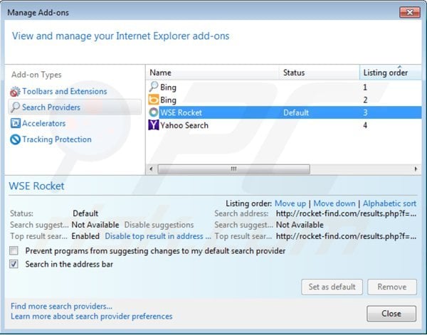 Removing rocket-find.com from Internet Explorer default search engine