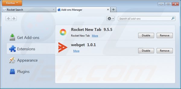 Removing rocket-find.com related Mozilla Firefox extensions
