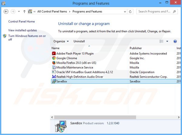 savebox adware uninstall via Control Panel