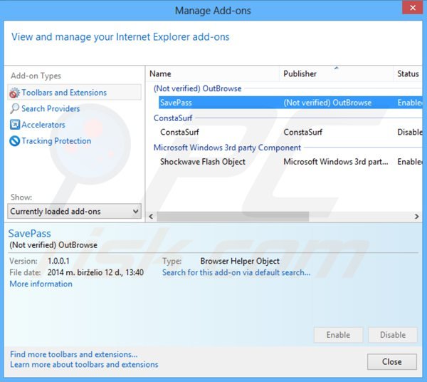 Removing savepass ads from Internet Explorer step 2