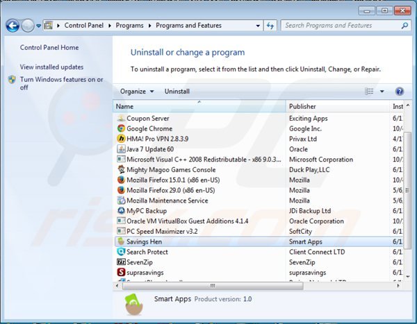 savings hen adware uninstall via Control Panel