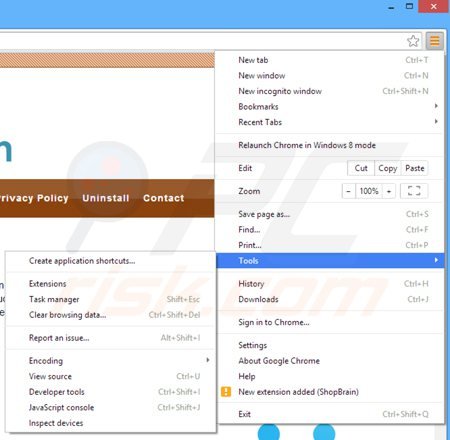 Removing shopbrain from Google Chrome step 1