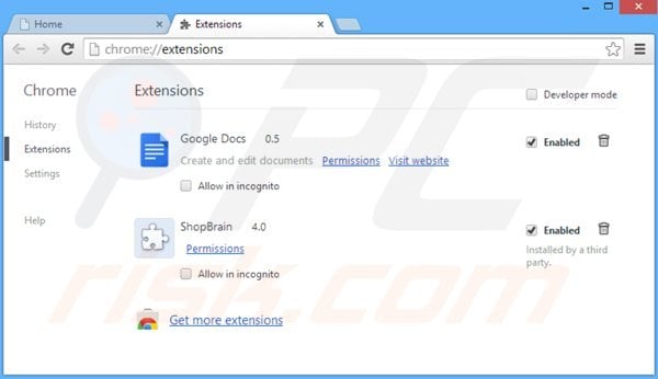 Removing shopbrain from Google Chrome step 2