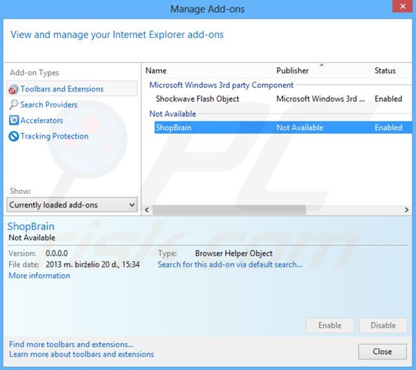 Removing shopbrain from Internet Explorer step 2