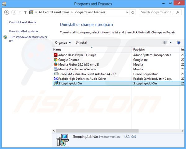 shoppingadd-on adware uninstall via Control Panel