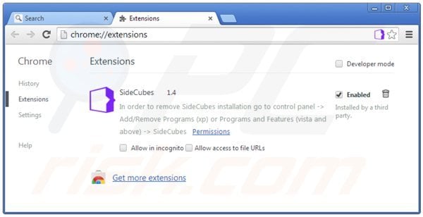 Removing search.sidecubes.com related Google Chrome extensions