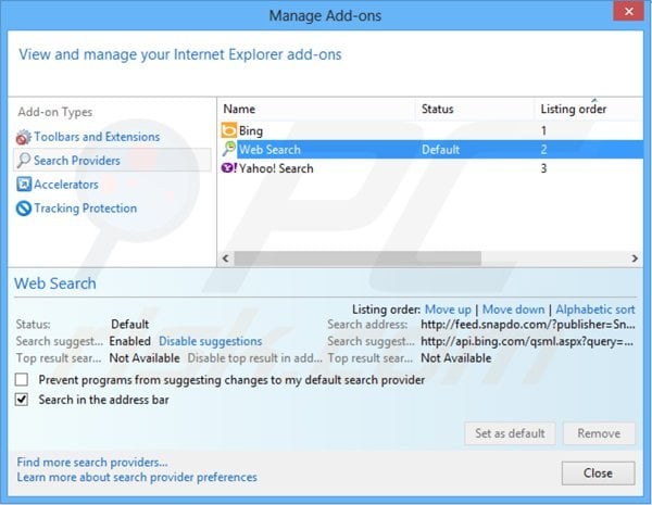 Removing feed.snapdo.com from Internet Explorer default search engine