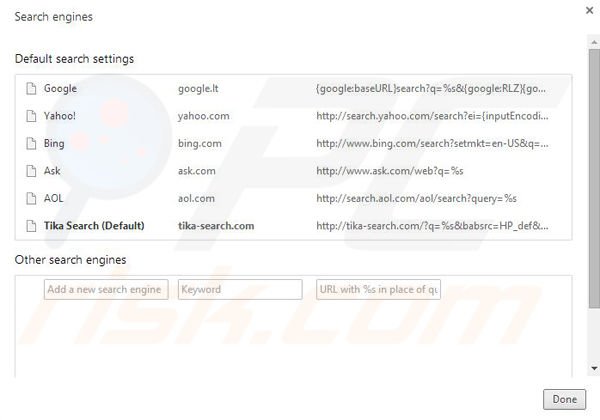 Removing Tika-search.com from Google Chrome default search engine