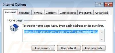 Removing Tika-search.com from Internet Explorer homepage