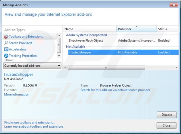 Removing trusted shopper from Internet Explorer step 2