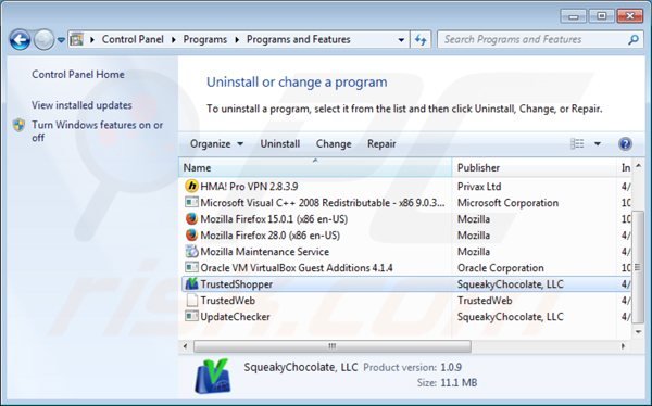 trustedshopper uninstall via Control Panel