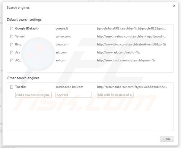 Removing search.tube-bar.com from Google Chrome default search engine