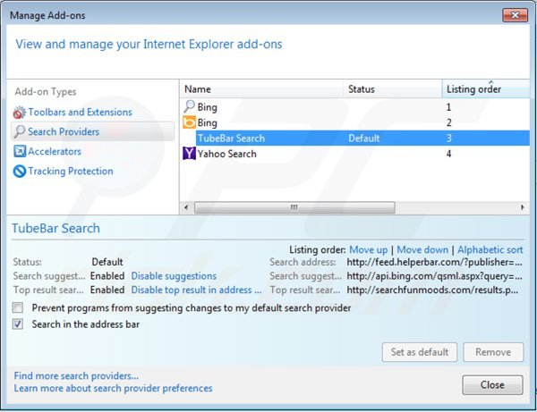 Removing search.tube-bar.com from Internet Explorer default search engine