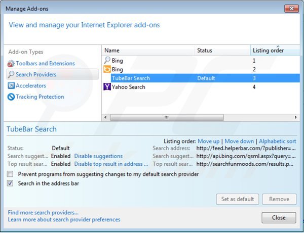 Removing search.tube-bar.com from Internet Explorer default search engine
