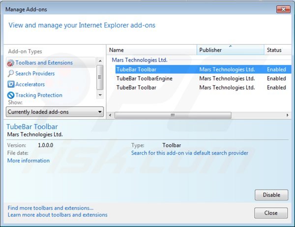 Removing tube bar related Internet Explorer extensions