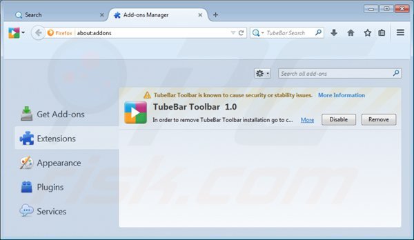 Removing search.tube-bar.com from Mozilla Firefox extensions