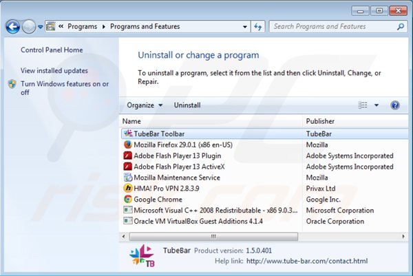 Search.tube-bar.com browser hijacker uninstall via Control Panel