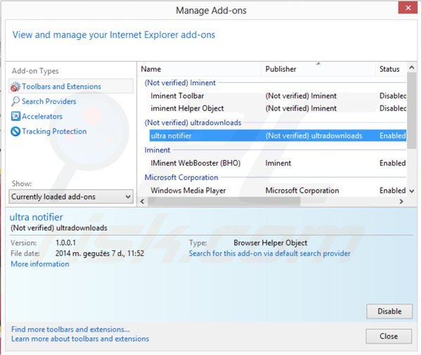 Removing ultranotifier from Internet Explorer step 2