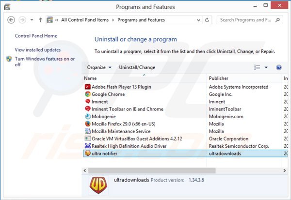 ultranotifier application uninstall via Control Panel