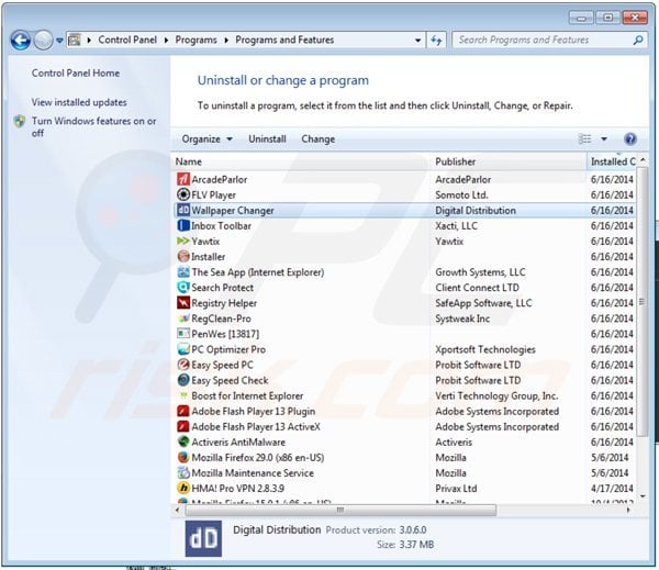 wallpaper changer adware uninstall via Control Panel