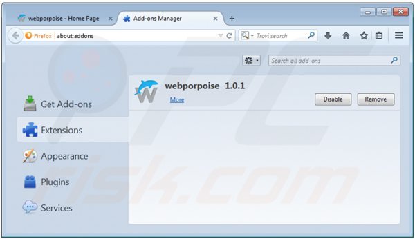 Removing webporpoise ads from Mozilla Firefox step 2