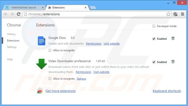 Removing webwebweb.com related Google Chrome extensions