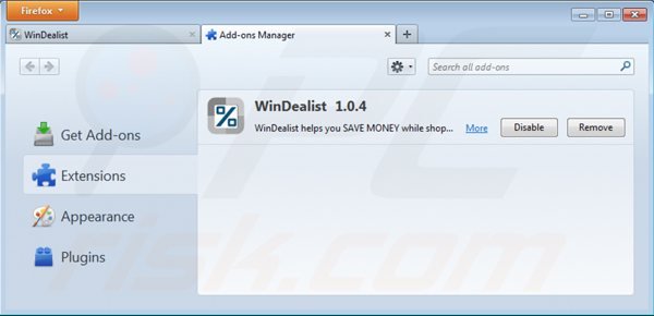Removing windealist ads from Mozilla Firefox step 2