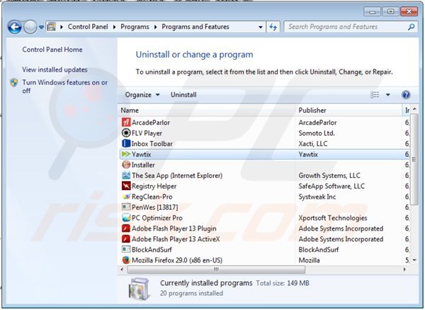 yawtix adware uninstall via Control Panel