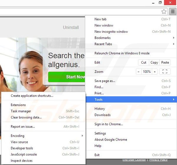 Removing allgenius from Google Chrome step 1