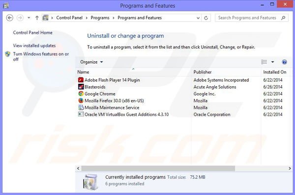 Blasteroids adware uninstall via Control Panel