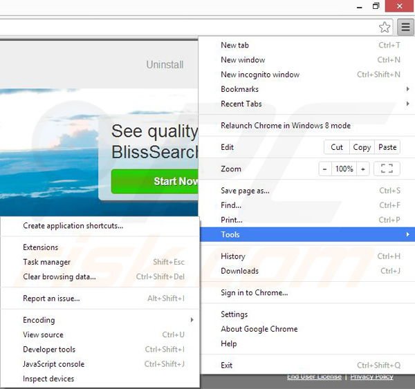 Removing BlissSearch from Google Chrome step 1