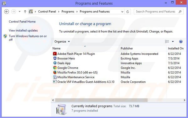 Browser Hero adware uninstall via Control Panel