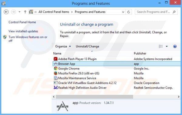 browser app adware uninstall via Control Panel