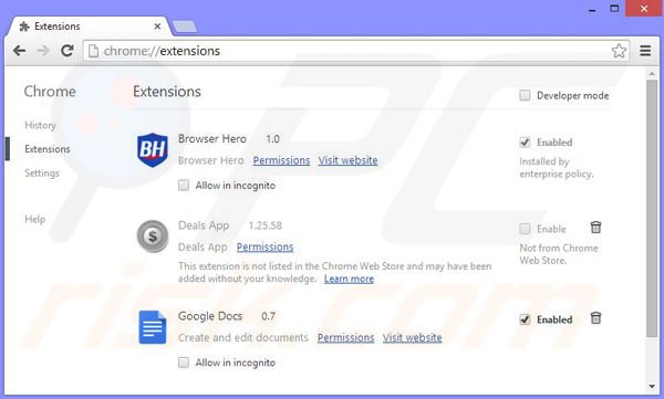 Removing BrowserKeeper ads from Google Chrome step 2
