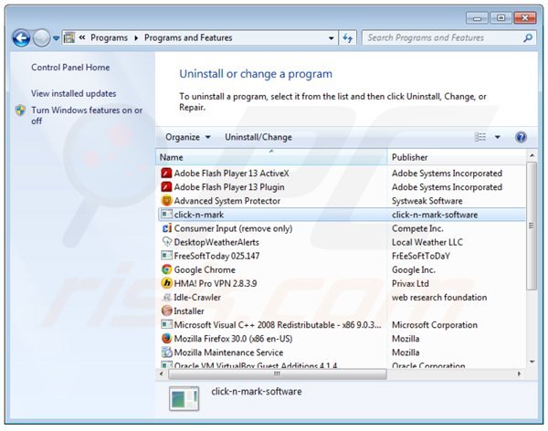 clicknmark adware uninstall via Control Panel