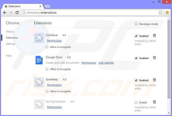 Removing clicksave ads from Google Chrome step 2