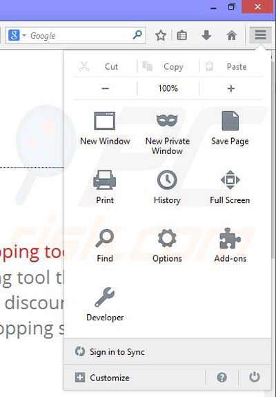 Removing clicksave ads from Mozilla Firefox step 1