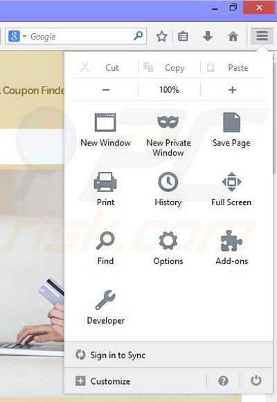 Removing Coupon Finder ads from Mozilla Firefox step 1